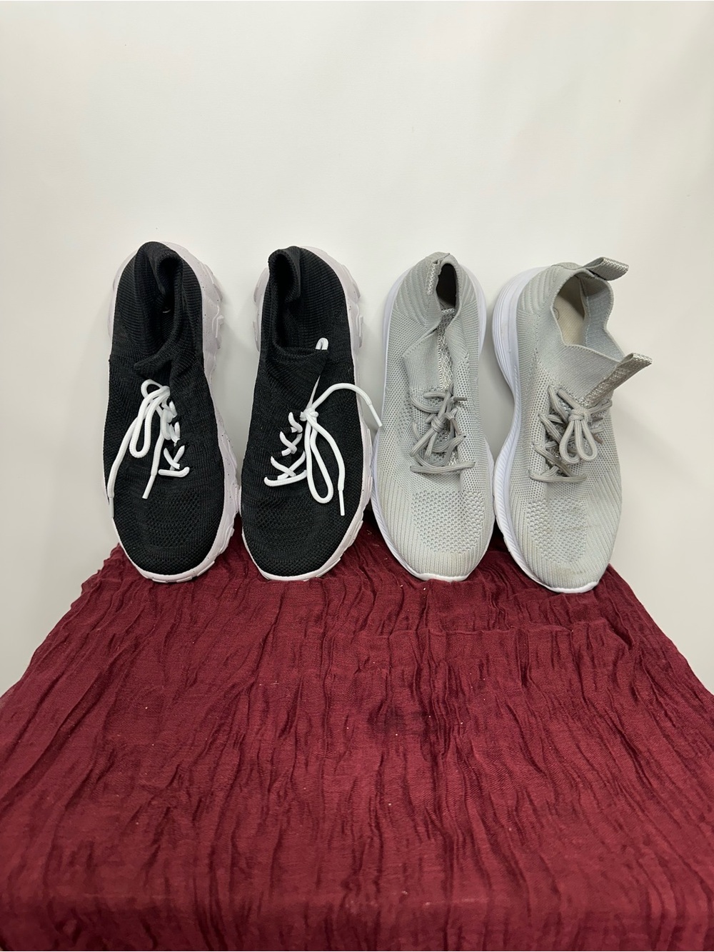 2 Pair Women’s Knit Sneakers Black Gray Lace Up Slip On Athletic Shoes